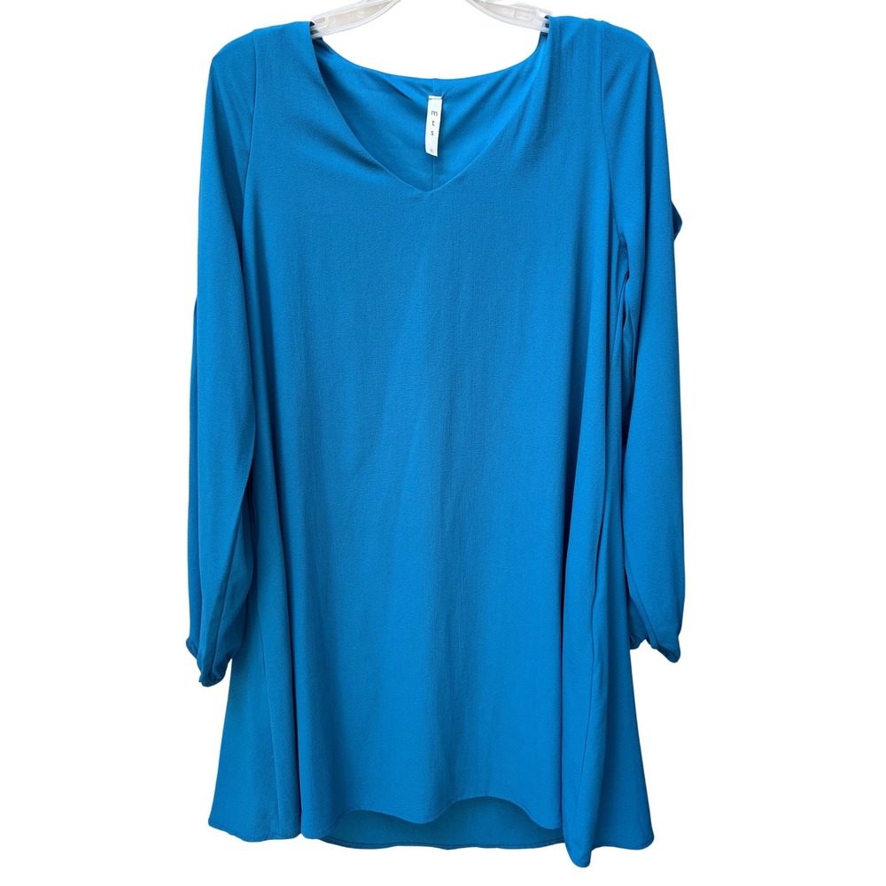 MTS Womens Blue V-Neck‎ Split Sleeve Cold Shoulder Shift Dress Size Small